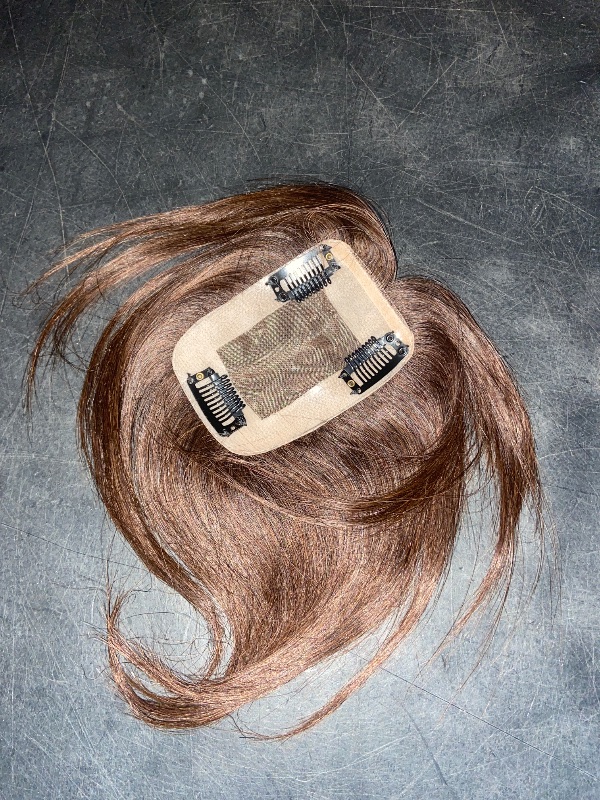 Photo 1 of Real Human Hair Topper Light Thin Clip in Hair Bangs for Women and Men 6 inches Middle Part Straight Hairpieces (Light Brown)