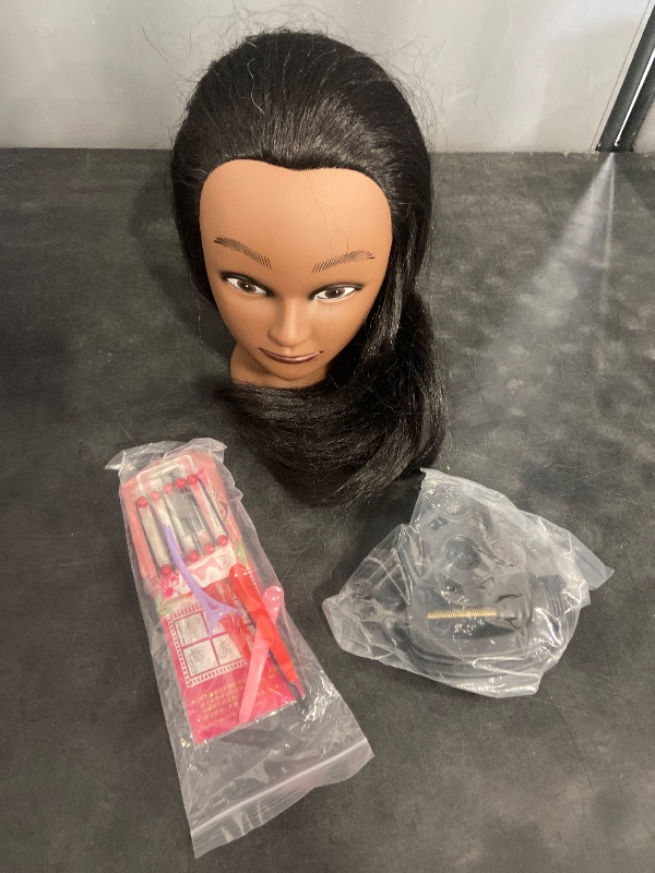 Photo 1 of Mannequin Head with 100% Real Hair, 16" Cosmetology Mannequin Manikin Training Practice Doll Head for Hairdresser Braiding Hair Styling Hairdressing with Clamp Holder- Black