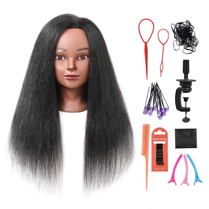 Photo 1 of Mannequin Head with 100% Real Hair, 16" Cosmetology Mannequin Manikin Training Practice Doll Head for Hairdresser Braiding Hair Styling Hairdressing with Clamp Holder- Black