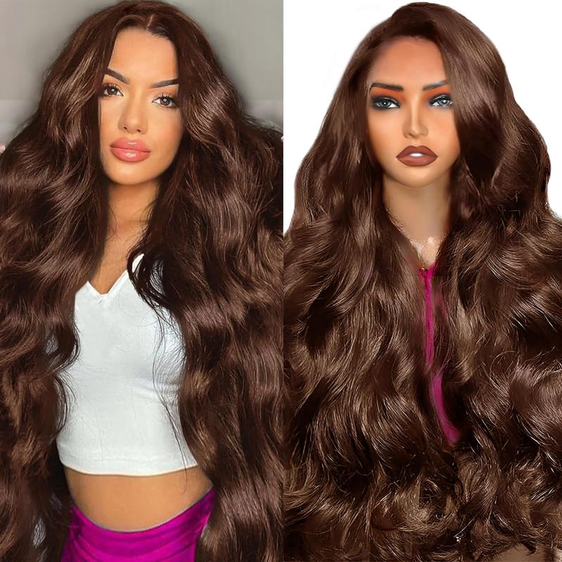 Photo 1 of 13x4 Lace Front Wigs Human Hair Chocolate Brown Body Wave Human Hair Wig 250% Density Hd Lace Front Wigs Pre Plucked Glueless Brown Human Hair Wig 24 Inch