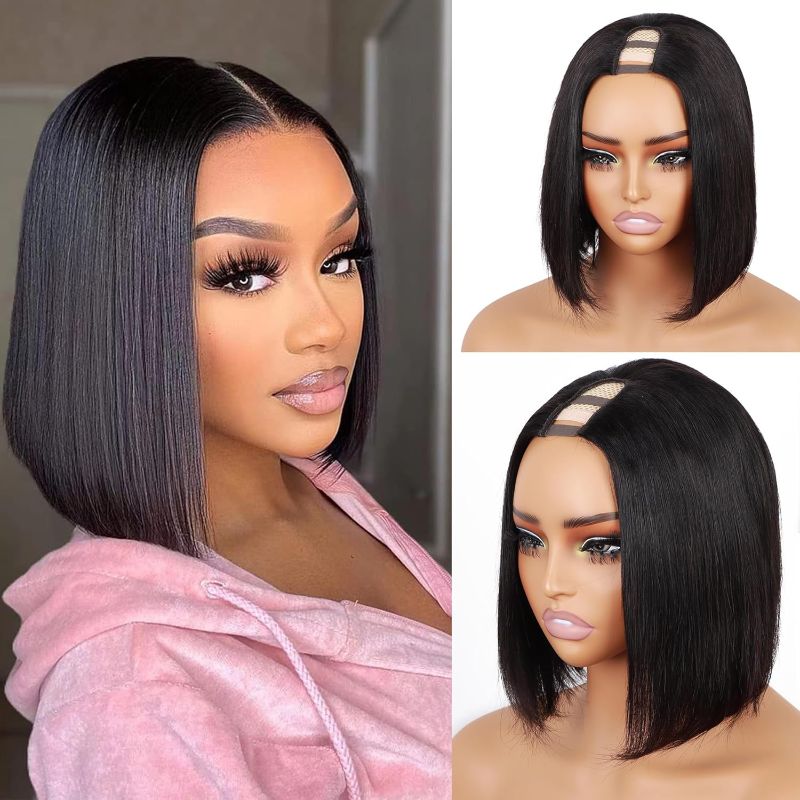 Photo 1 of Orientfashion U Part Bobo Straight Wig 10inch 150% Density Full Head U Shape Clip in Wigs Human Hair For Black Women (BoB Straight 1B, 10inch)