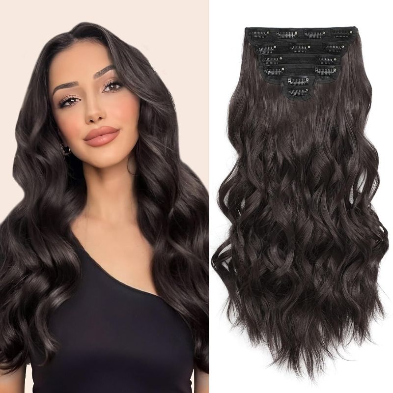 Photo 1 of Clip in Hair Extensions, 6 PCS 1 6 Inch Hair Extensions Clip Ins, Dark Brown Long Wavy Hairpieces(16inch, 6pcs, Dark Brown)
