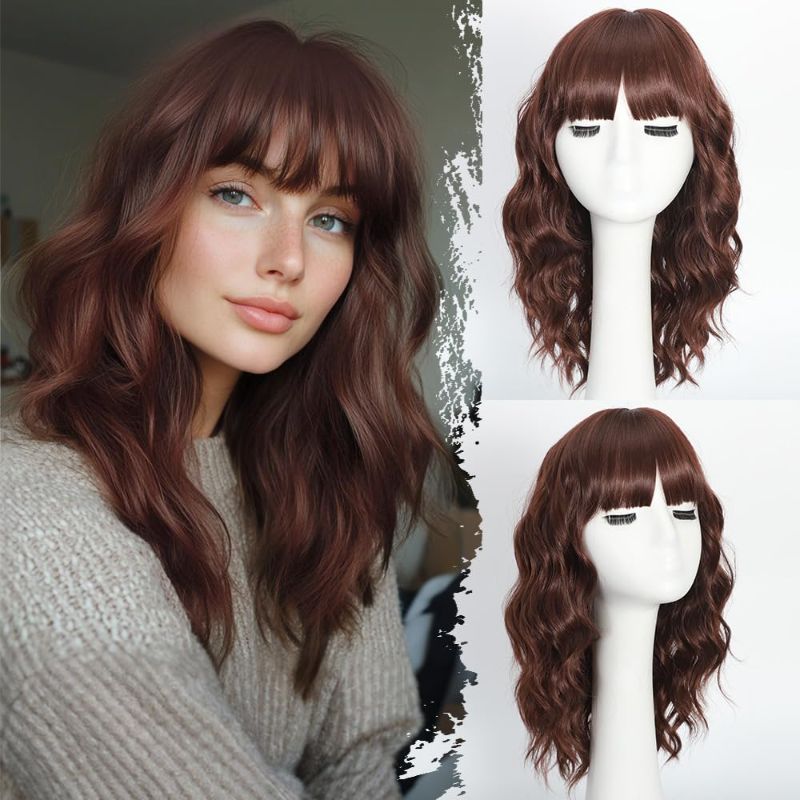 Photo 1 of Chocolate Brown Wig with Bangs Short Wavy Wigs for Women Curly Bob Style Wear and Go Natural Synthetic Wigs for Halloween Costumes Cosplay Daily Party Use 16IN
