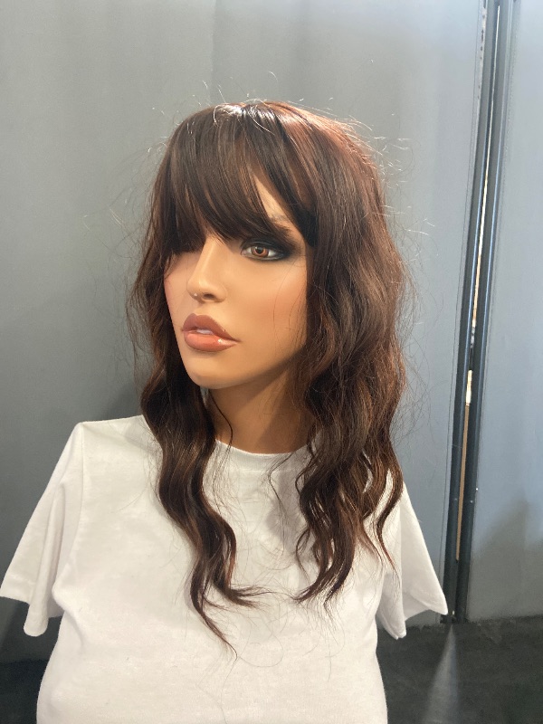 Photo 1 of Chocolate Brown Wig with Bangs Short Wavy Wigs for Women Curly Bob Style Wear and Go Natural Synthetic Wigs for Halloween Costumes Cosplay Daily Party Use 16IN

