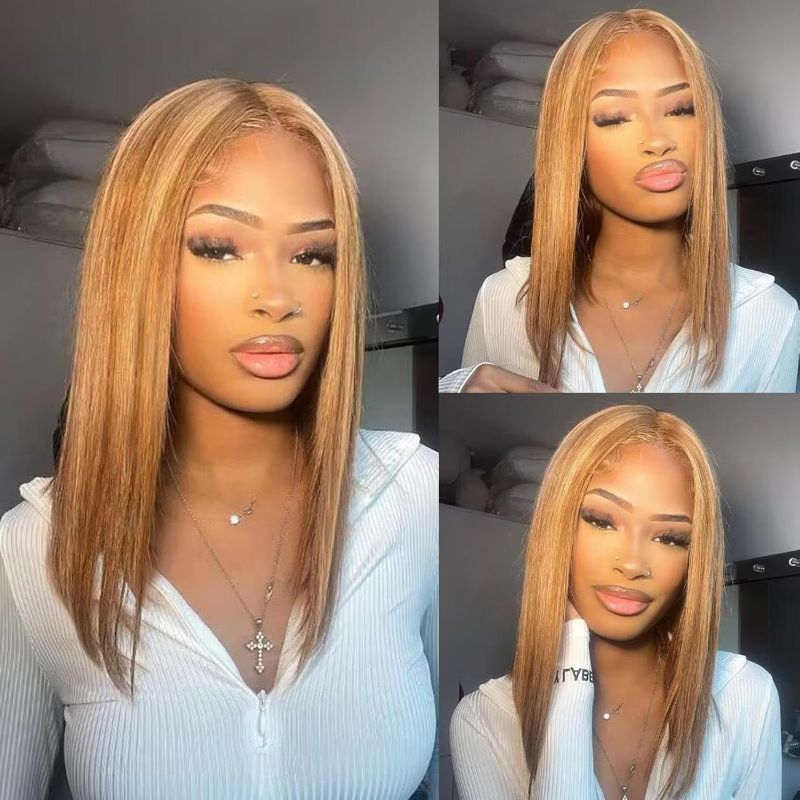 Photo 1 of UCUVIC 16 Inch Highlight Ombre Lace Front Wig Human Hair Glueless Bob Wigs Human Hair Pre Plucked, 4/27 Highlighted Honey Blonde HD Lace Front Wigs Human Hair Wigs For Black Women 180 Density
