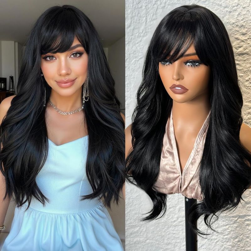 Photo 1 of topshe Long Black Wavy Wig With Bangs for Women 24 Inch Curly Wavy Wig With Bangs Natural Looking Synthetic Heat Resistant Fiber Wig for Daily Party & Cosplay Use