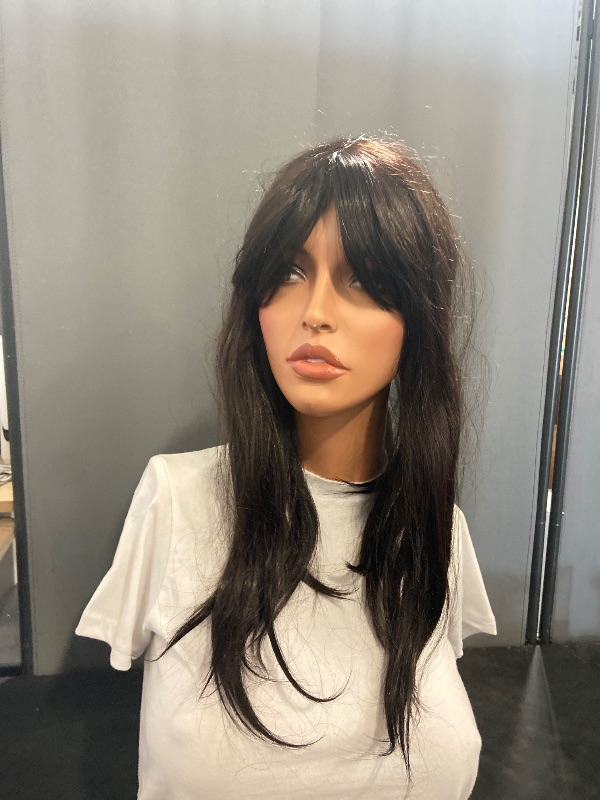 Photo 1 of topshe Long Black Wavy Wig With Bangs for Women 24 Inch Curly Wavy Wig With Bangs Natural Looking Synthetic Heat Resistant Fiber Wig for Daily Party & Cosplay Use