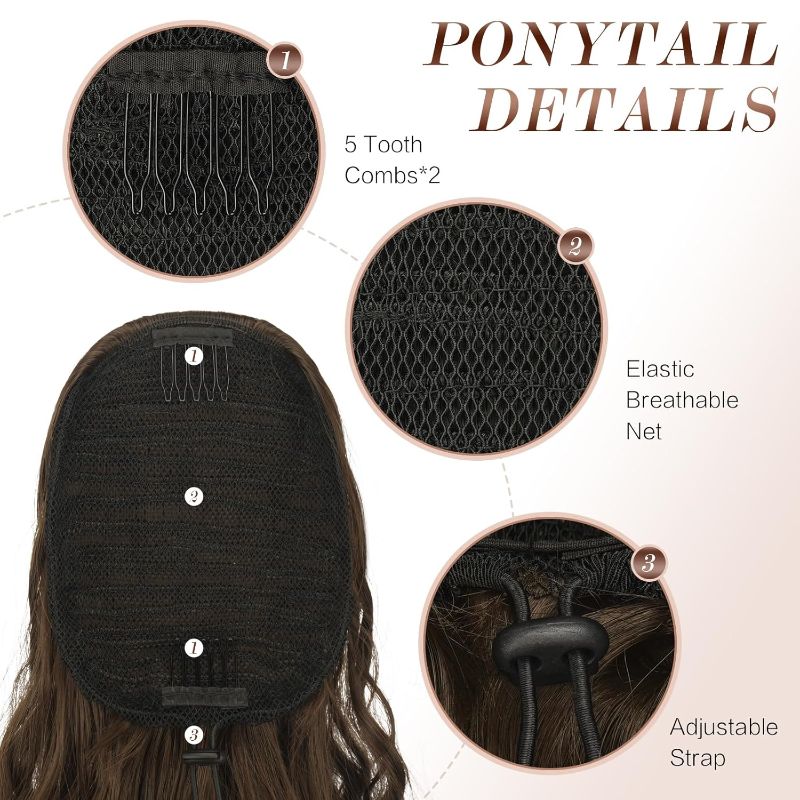 Photo 1 of FESHFEN Ponytail Extensions - 26 inch Drawstring Long Curly Wavy Clip in Ponytails Synthetic Hair Piece Pony Tail Hairpieces for Women, Light Brown
