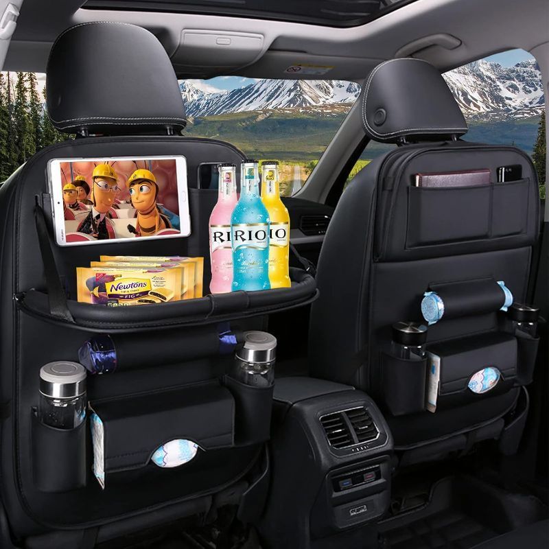Photo 1 of Premium PU Leather Backseat Seat Organizer with Foldable Table, Multi-Storage Pockets and Adjustable Buckle Strap for Automobiles 1seat.