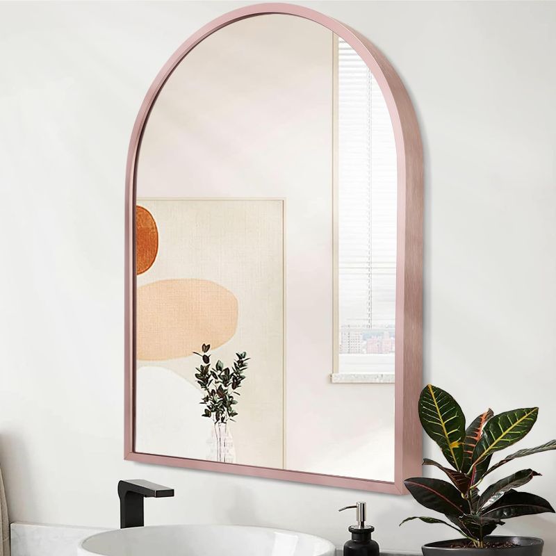 Photo 1 of Arch Wall Mirror Metal Frame Bathroom Wall-Mounted Mirror for Entryway Living Room Bedroom Vanity Wall Decor Rose Gold 20"x16"