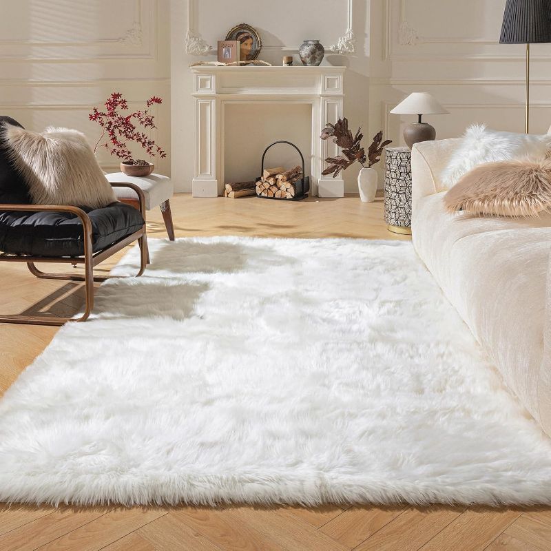 Photo 1 of Ashler faux fur rug, Fluffy Shaggy Area Rug Ultra Soft 3 x 5 Feet Rectangle Fur Rug White Fuzzy Rug Machine Washable Shag Rug, Nursery Decor Throw Rugs for Bedroom, kids room, Living Room