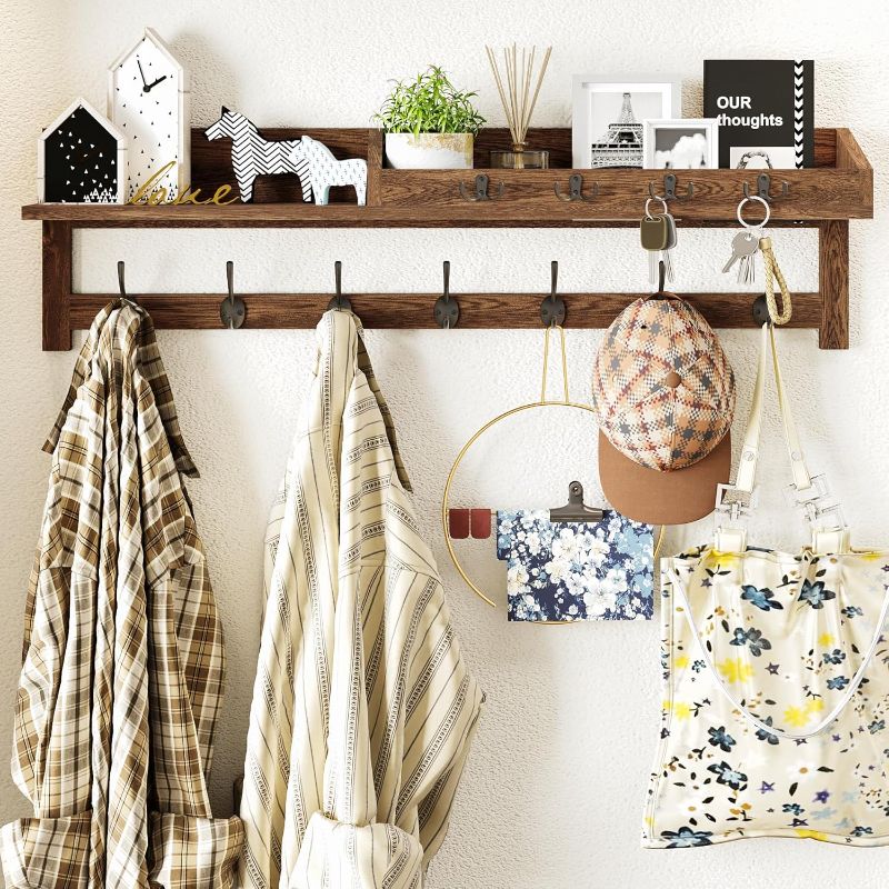 Photo 1 of AMBIRD Coat Rack Wall Mount, 35 inch Large Wall Hooks with Shelf, Entryway Shelf with 7 Dual Coat Hooks 4 Key Hooks Mail Organizer, Wooden Coat Hanger and Key Holder Wall Mount
