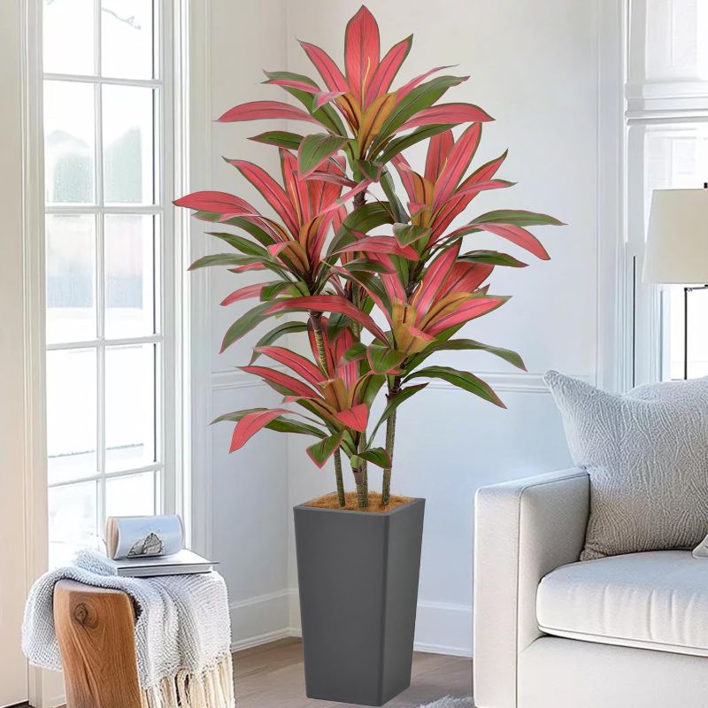 Photo 1 of Artificial Red Dracaena Tree 5FT with 90 Leaves & 6 Heads & Gray Tall Planter Cover with Coconut Fiber Tall Faux Tropical Silk Bicolor Plant 60 Inch for Indoor Home Office Porch Mall Decor

