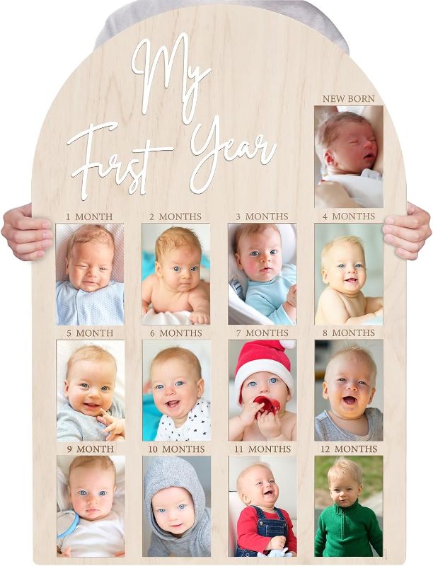 Photo 1 of Bosctanuc Large My First Year Picture Frame for 33 x 22 Inch Wooden Photo Board ,12 Monthly Photo Display 1st Birthday Decorations Baby Gift for Newborn Keepsake,Baby Monthly Milestone (Classic, Wood, 33X22)
