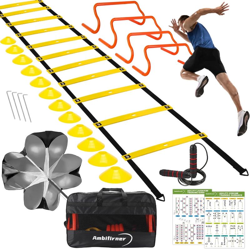 Photo 1 of Agility Ladder Training Equipment Set - Agility Ladder(12 Rungs/20ft), 4 Speed Hurdles, 12 Training Cones, Jump Rope, Parachute for Speed/Soccer/Football Training with Carry Bag
