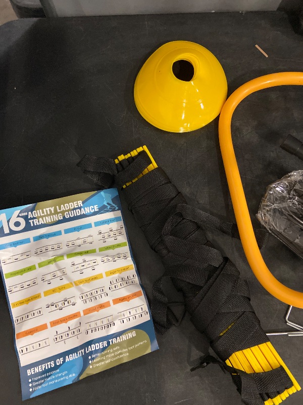 Photo 1 of Agility Ladder Training Equipment Set - Agility Ladder(12 Rungs/20ft), 4 Speed Hurdles, 12 Training Cones, Jump Rope, Parachute for Speed/Soccer/Football Training with Carry Bag
