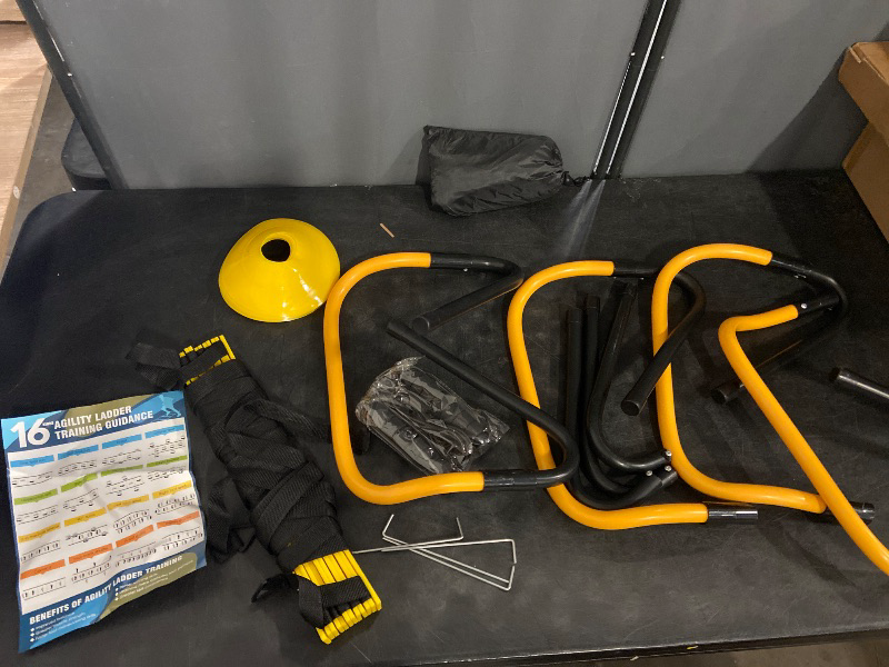 Photo 1 of Agility Ladder Training Equipment Set - Agility Ladder(12 Rungs/20ft), 4 Speed Hurdles, 12 Training Cones, Jump Rope, Parachute for Speed/Soccer/Football Training with Carry Bag
