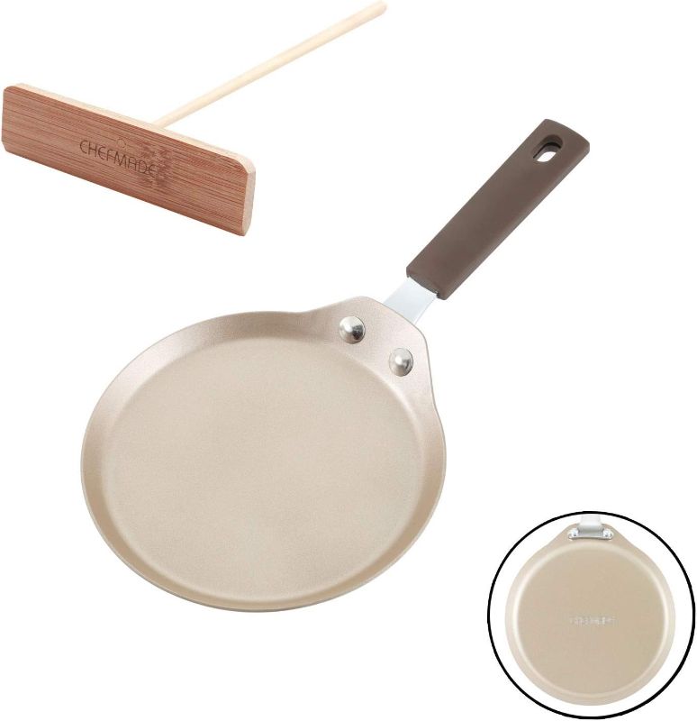 Photo 1 of CHEFMADE Mini Crepe Pan with Bamboo Spreader, 6-Inch Non-Stick Pancake Pan with Insulating Silicone Handle for Gas, Induction, Electric Cooker (Champagne Gold)
