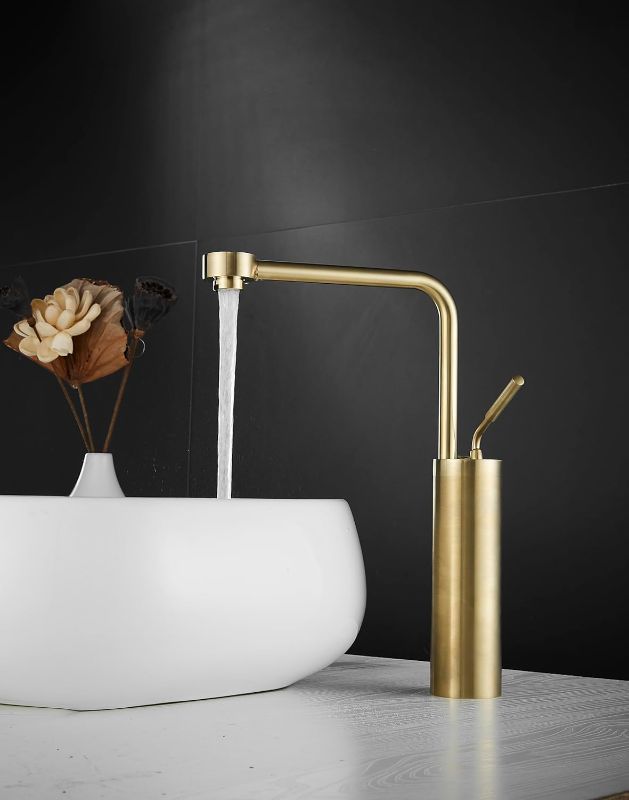 Photo 1 of Gold Brushed Vessel Sink Faucet - Bathroom Vanity Sink Faucet, One Hole Tall Faucet with Water Supply Hoses
