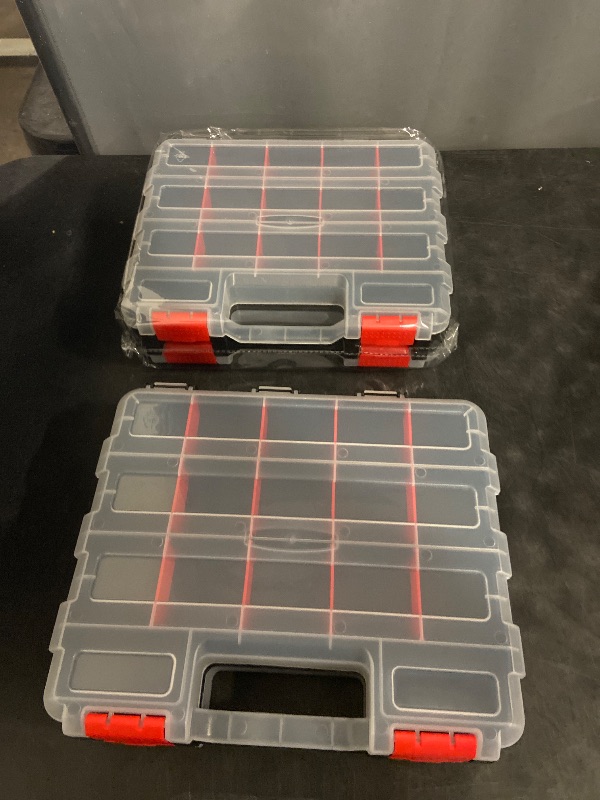 Photo 1 of AMM Tool Box, Double Side Tool Box Organizer with 34 Compartments, Removable Dividers, Tackle Box Small Parts Screw Hardware Organizer for Screws, Nuts, Nails and Bolts (2 Piece, Red)
