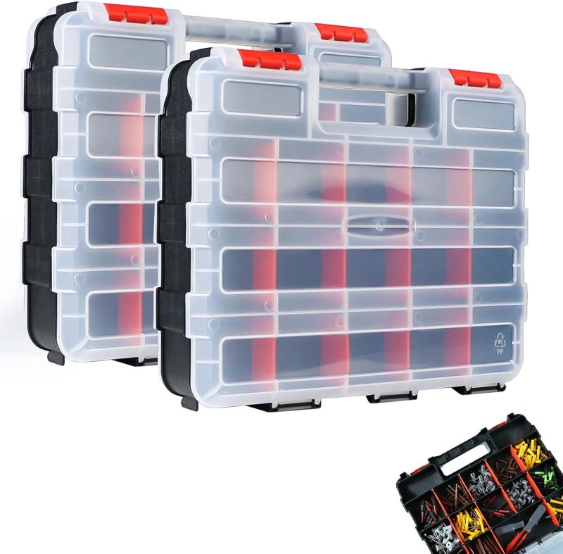Photo 1 of AMM Tool Box, Double Side Tool Box Organizer with 34 Compartments, Removable Dividers, Tackle Box Small Parts Screw Hardware Organizer for Screws, Nuts, Nails and Bolts (2 Piece, Red)
