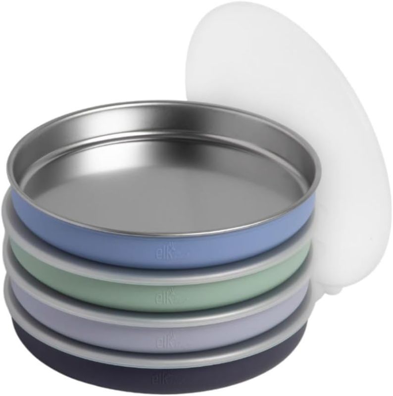 Photo 1 of Elk and Friends 7.8” Stainless Steel Non Divided Plates with Silicone Sleeve + Storage Lid | Baby, Toddler, Kids | Dishwasher Safe | Dinner & Snack Plates | 4 Pack
