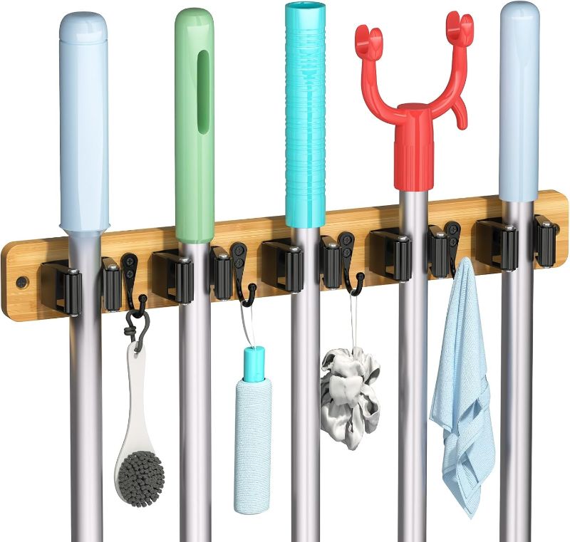 Photo 1 of IMILLET Broom Holder Wall Mount, Bamboo Broom Hanger with 5 Racks 4 Hooks, Mop and Broom Holder Wall Mount Self Adhesive, Home Organization and Storage for Laundry Room, Closet, Utility Room