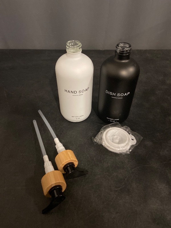 Photo 1 of Hand and Dish Soap Dispenser Set,16oz Glass Bottles with Printed Labels, Bamboo Tray & Pump,Countertop Soap Dispensers for Kitchen,Luxury, Minimalist & Farmhouse Decor (Hand Dish (Black/White))