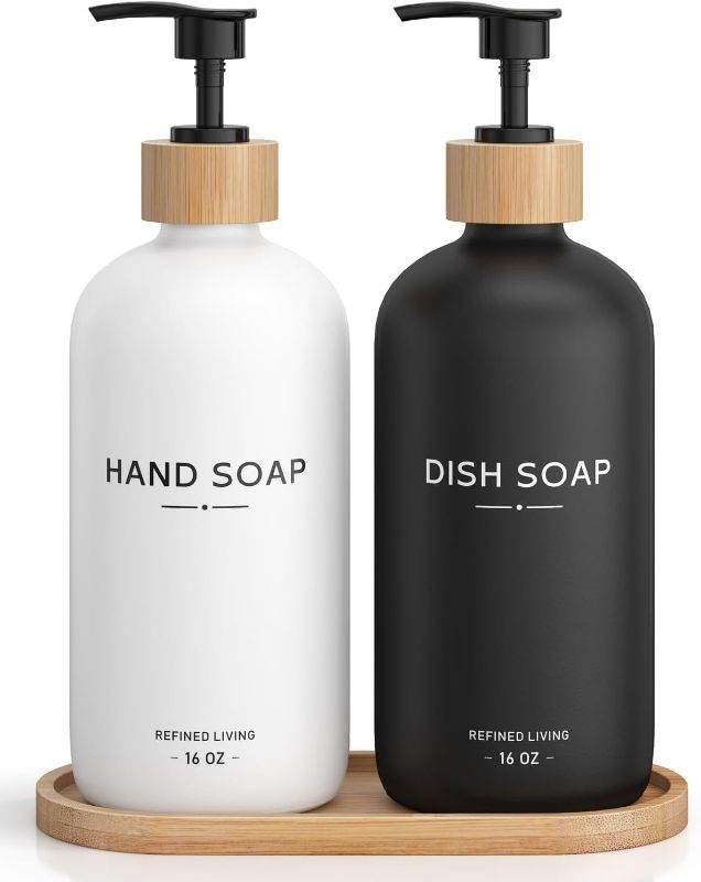 Photo 1 of Hand and Dish Soap Dispenser Set,16oz Glass Bottles with Printed Labels, Bamboo Tray & Pump,Countertop Soap Dispensers for Kitchen,Luxury, Minimalist & Farmhouse Decor (Hand Dish (Black/White))