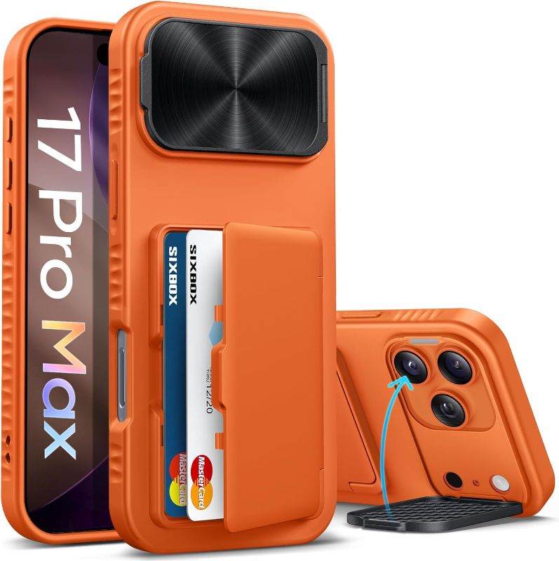 Photo 1 of for iPhone 17 Pro Max Case with Credit Card Holder, Built-in Camera Cover & Stand, Silicone Bumper Raised Edge Full Body Protective Phone Cover Case for iPhone 17 Pro Max 6.9" 2025, Orange
