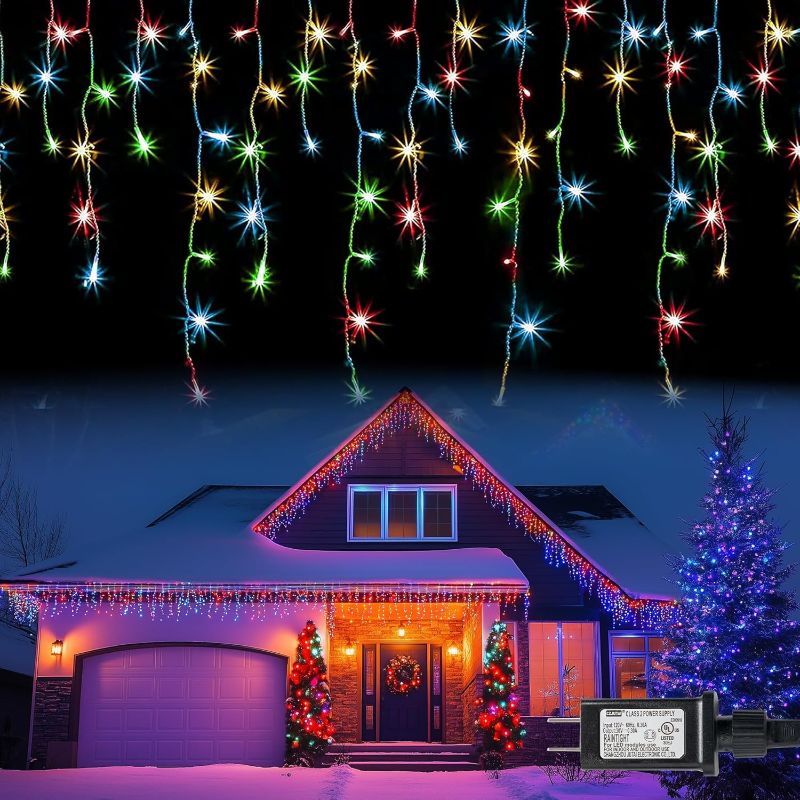 Photo 1 of Dazzle Bright Christmas Icicle Lights, 88.5 FT 1080 LED 8 Modes Curtain Fairy Lights with 180 Drops, Xmas String Lights for Outdoor Holiday Wedding Party Decorations (Multi-Colored)