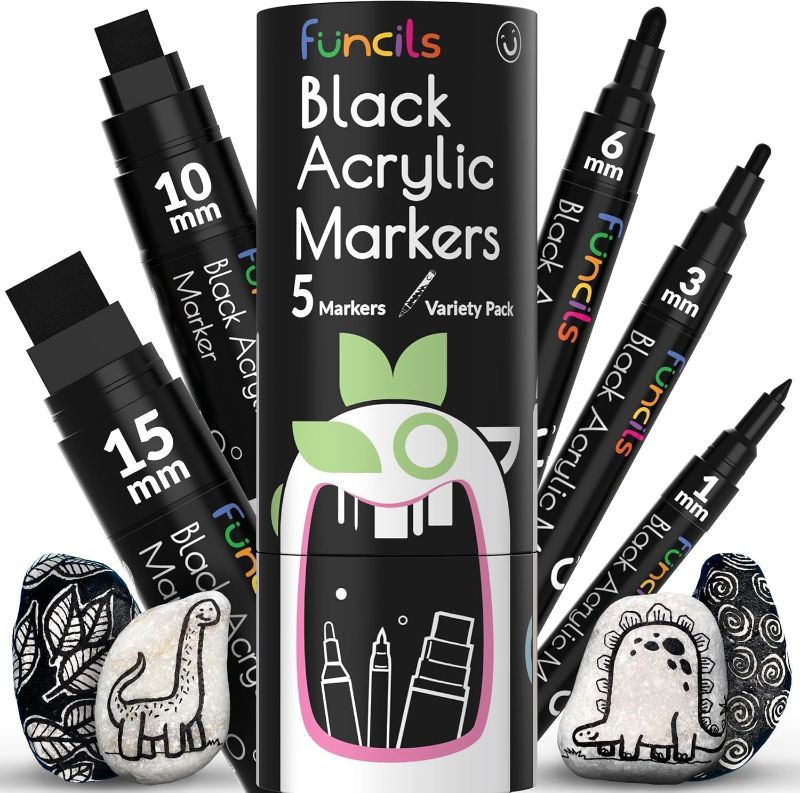 Photo 1 of 5 Acrylic Black Paint Pen - Fine Tip, Thin Point & Jumbo Pens (1mm, 3mm, 6mm, 10mm, 15mm) - Black Paint Marker for Plastic, Canvas, Wood, Rock Painting, Fabric, Tire, Metal, Glass