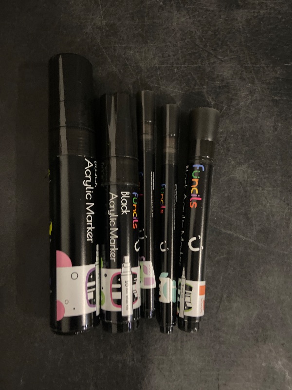 Photo 1 of 5 Acrylic Black Paint Pen - Fine Tip, Thin Point & Jumbo Pens (1mm, 3mm, 6mm, 10mm, 15mm) - Black Paint Marker for Plastic, Canvas, Wood, Rock Painting, Fabric, Tire, Metal, Glass