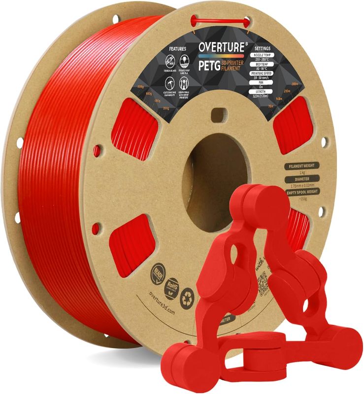 Photo 1 of OVERTURE PETG 3D Printer Filament 1.75mm, Neatly Wound Durable PETG 1kg Spool (2.2lbs), Strong Toughness Filament, Dimensional Accuracy +/- 0.02mm, Fit Most FDM Printers (Red)