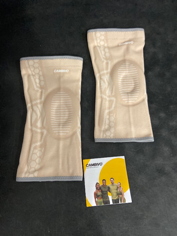 Photo 1 of (M)CAMBIVO 2 Pack Knee Brace for Men and Women, Knee Sleeves for Men with Patella Gel Pad and Side Stabilizers, Knee Compression Sleeves for Knee Pain Relief, Running, Workout, Daily Use (Beige, Medium)