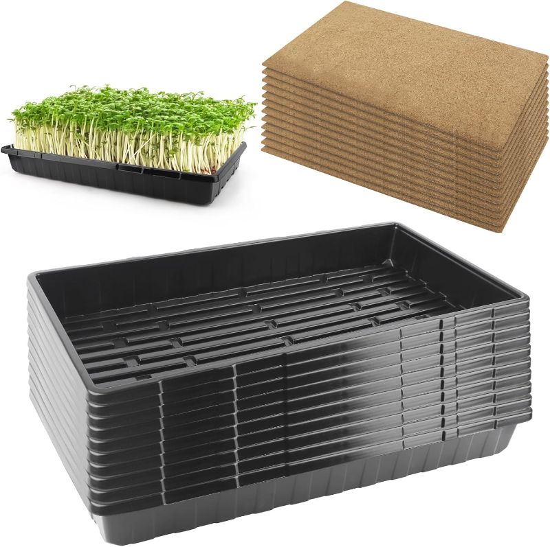 Photo 1 of 10 Pack 1020 Seed Starting Trays with 12 Hemp Grow Mats - Extra Thick Microgreens Growing Kit, 21 x 11 x 2.5 Inch Plant Trays with Hydroponic Grow Pads for Wheatgrass, Sprouts, Organic Gardening
