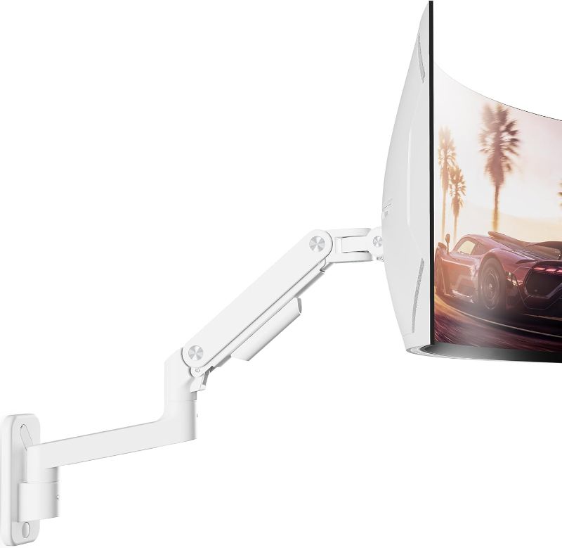 Photo 1 of ARES WING Wall Mount Monitor Arm for 17-49 Inch Ultrawide Screens, Heavy Duty Single Monitor Mount Holds 44 lbs, Fully Adjustable Gas Spring Wall Mount, 75x75/100x100 VESA Mount, White
