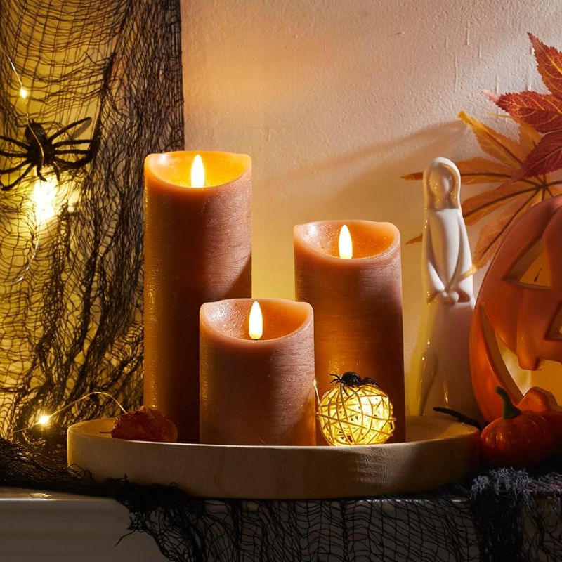Photo 1 of Fall led Candles with Timer Orange Flameless Pillar Candles Set of 3, Battery Operated Electric Candles for Autumn Halloween Thanksgiving Decor, Harvest
