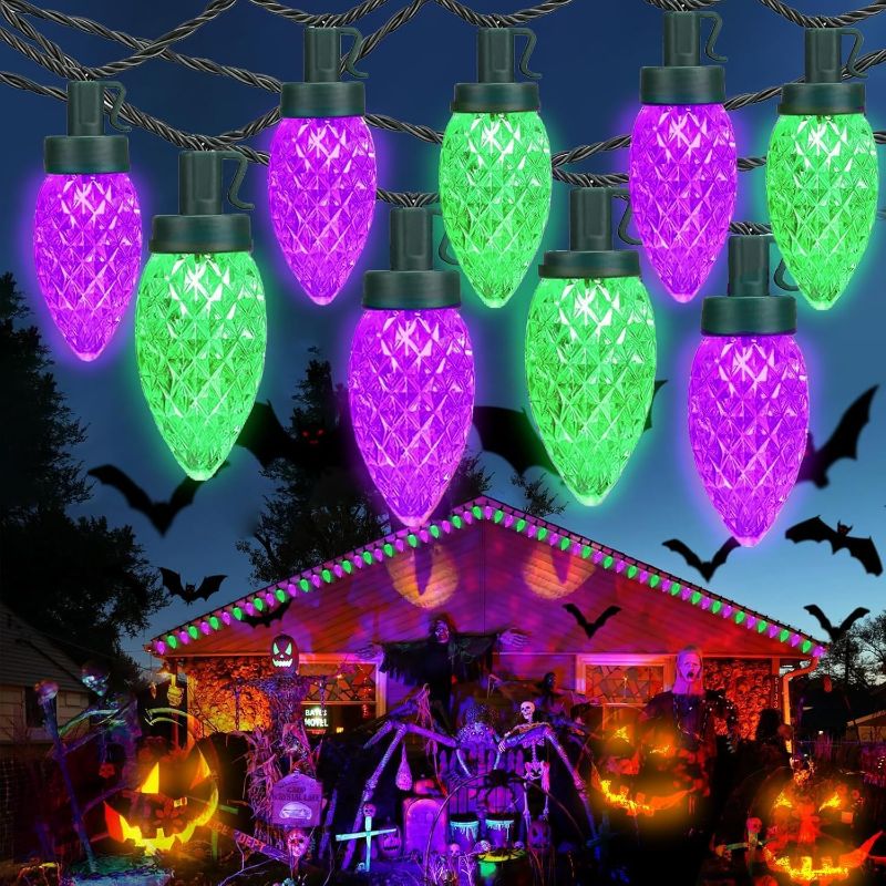 Photo 1 of Extendable Purple and Green 2PK 100 LED C9 Halloween Lights Indoor Outdoor Waterproof, 98FT Super Bright C9 String Lights 13 Modes with Timer for Tree Patio Party Garden Halloween Decorations
