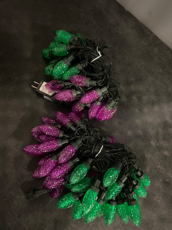 Photo 1 of Extendable Purple and Green 2PK 100 LED C9 Halloween Lights Indoor Outdoor Waterproof, 98FT Super Bright C9 String Lights 13 Modes with Timer for Tree Patio Party Garden Halloween Decorations
