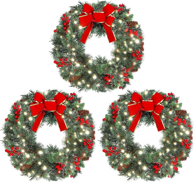 Photo 1 of 3 Pack 16 Inch Christmas Wreath Decorations with Lights Battery Operated 50 LED Artificial Christmas Wreath for Front Door with Red Bow Pine Cones Berry for Outdoor Indoor Window Wall Decor