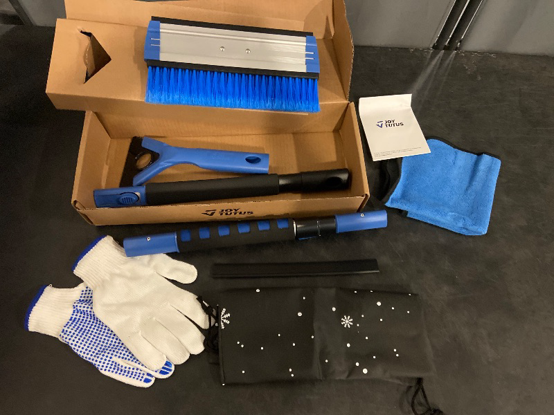 Photo 1 of JOYTUTUS 47” Car Snow Brush, 4 in 1 Extendable Auto Car Snow Removal Broom Brush with Squeegee, 270° Foam Grip Car Retractable Snow Shovel with Durable Ice Scraper and Gift Gloves for Car SUV, Blue.
