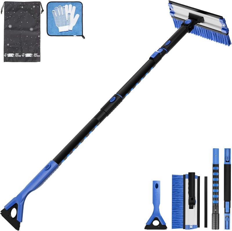 Photo 1 of JOYTUTUS 47” Car Snow Brush, 4 in 1 Extendable Auto Car Snow Removal Broom Brush with Squeegee, 270° Foam Grip Car Retractable Snow Shovel with Durable Ice Scraper and Gift Gloves for Car SUV, Blue.
