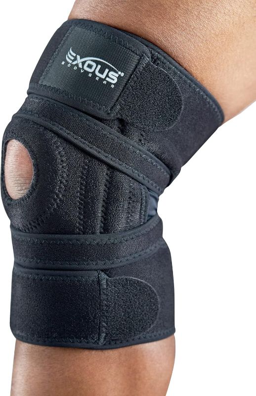 Photo 1 of Knee Brace Meniscus Tear Support For Arthritis Acl, Mcl Pain Patented 4-way Adjustable Wraparound Strap Dual Side Stabilizer For Patella Stability one Size

