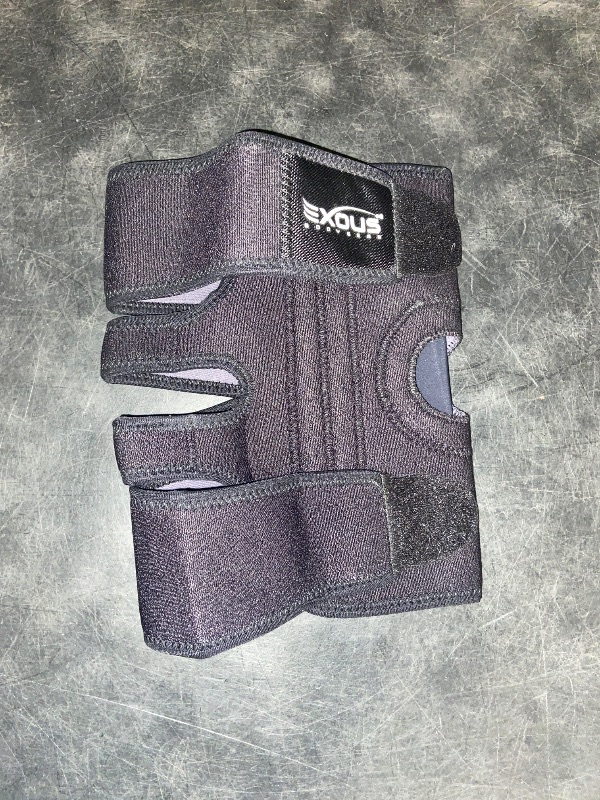 Photo 1 of Knee Brace Meniscus Tear Support For Arthritis Acl, Mcl Pain Patented 4-way Adjustable Wraparound Strap Dual Side Stabilizer For Patella Stability one Size
