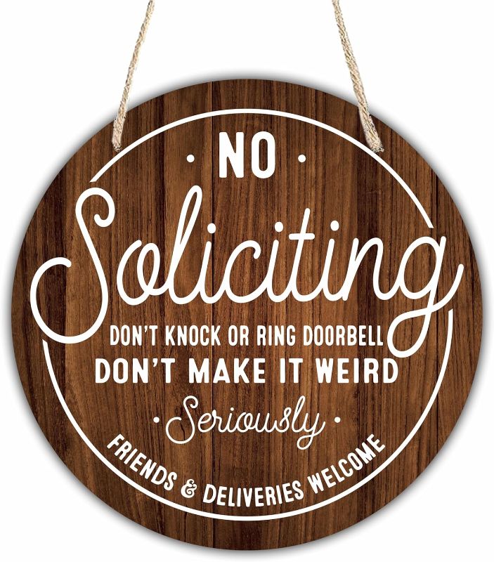 Photo 1 of 10" Wooden Sign for Front Door - No Soliciting, Don't knock or ring doorbell - House Welcome Sign, Funny Round Wood Hanging Sign for House decor home decor, gifts & accessories ?Brown?- 01
