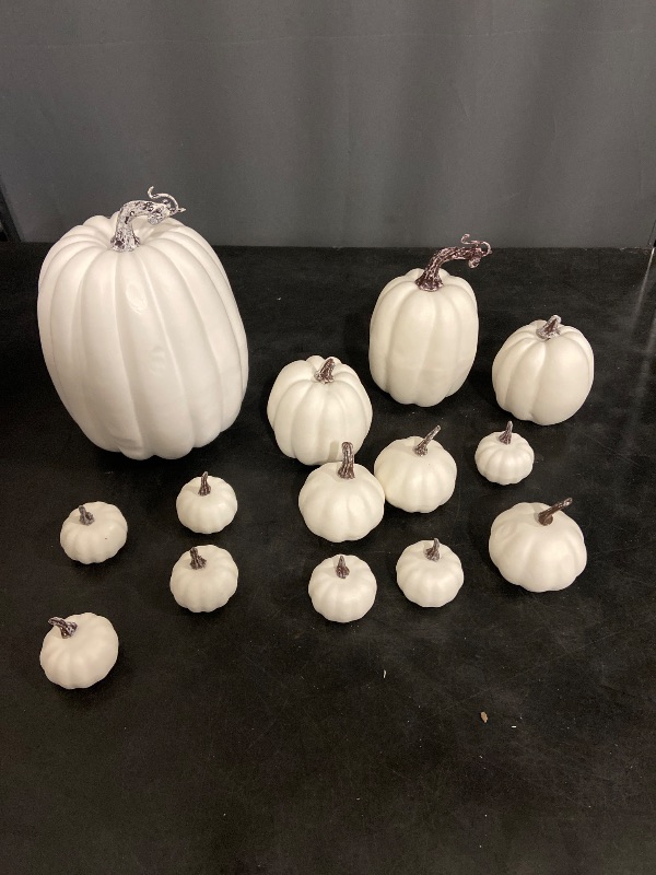 Photo 1 of DomeStar 16PCS White Fake Pumpkins for Decorating, Faux Pumpkins Fall Harvest Decor, Halloween Decorations, Thanksgiving Table Centerpieces and Baby Shower Decor