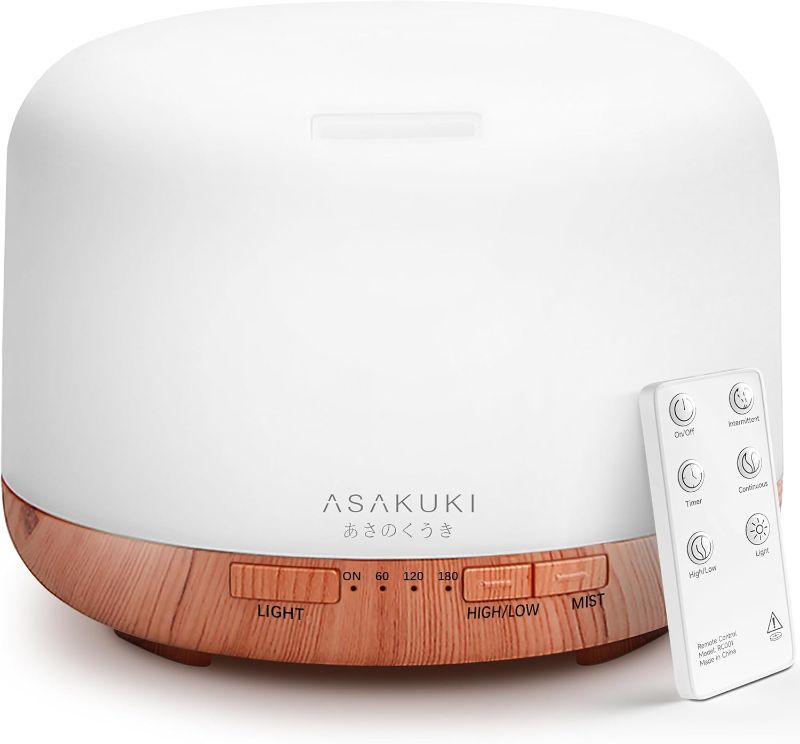Photo 1 of ASAKUKI Essential Oil Diffuser 500ml, Ultrasonic Aromatherapy Humidifier with Remote Control, 7 LED Colors, Timer & Auto-Off, Large Room Diffuser
