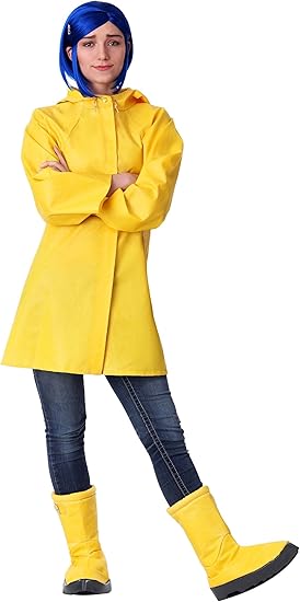 Photo 1 of (M) Fun Costumes Adult Coraline Costume | Women's Yellow Hooded Rain Jacket Outfit with Boot Covers, Blue Wig & Dragonfly Pin