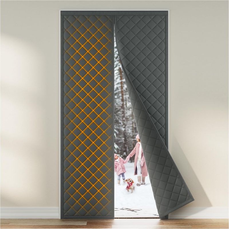 Photo 1 of Magnetic Thermal Insulated Door Curtain Fits Door Size 36 x 82 Inch, Door Insulation Cover for Cold, Oxford Cloth Thicken Cotton Filled Blanket for Front Back Sliding Door in Winter, Grey